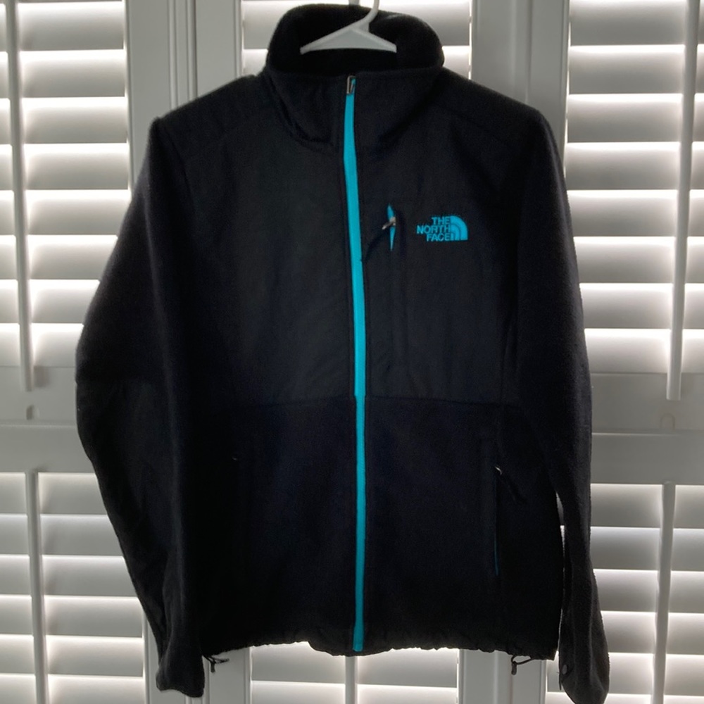 The North Face fleece front zip jacket. Black w/ sky blue zip. Small Great shape